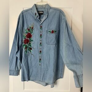 COPA Bananas Denim Button-Down Shirt with Hand Painted Rose Detail